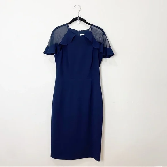 Eliza J Ruffle Shoulder Cocktail Dress Navy Scuba Crepe Wedding Evening Party - Picture 6 of 14